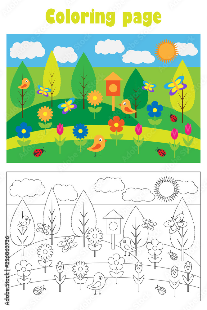 Spring picture with flowers in cartoon style, summer coloring page, education paper game for the development of children, kids preschool activity, printable worksheet, vector illustration Spring picture with flowers in cartoon style, summer coloring page, education paper game for the development of children, kids preschool activity, printable worksheet, vector illustration