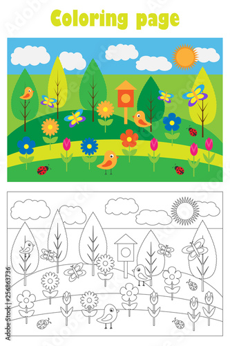 Fototapeta Naklejka Na Ścianę i Meble -  Spring picture with flowers in cartoon style, summer coloring page, education paper game for the development of children, kids preschool activity, printable worksheet, vector illustration