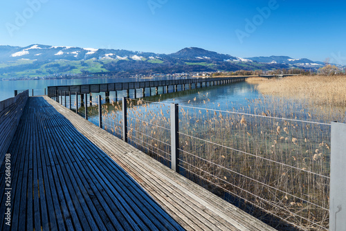 Holzsteg Rapperswil-Hurden, ehemaliger Pilgerweg, Zürichsee, Naturschutzgebiet mit Schilfgürtel, Häuser, Berge, Wald, Schnee, blauer Himmel