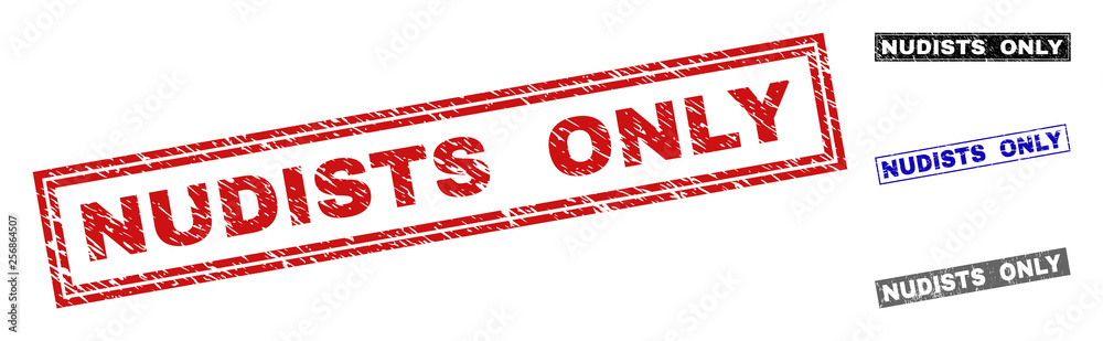 Grunge NUDISTS ONLY rectangle stamp seals isolated on a white background. Rectangular seals with grunge texture in red, blue, black and gray colors.
