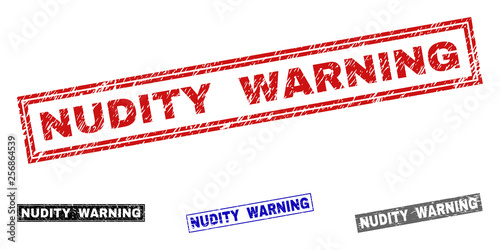 Grunge NUDITY WARNING rectangle stamp seals isolated on a white background. Rectangular seals with grunge texture in red, blue, black and grey colors.