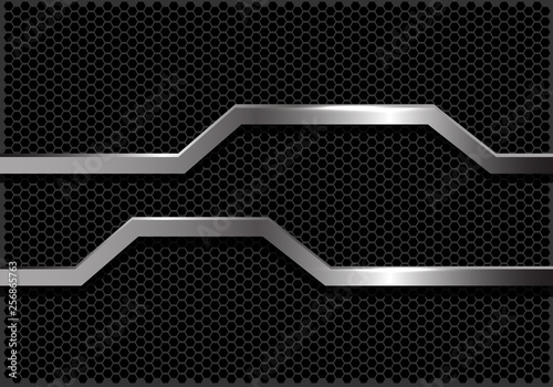 Abstract silver line polygon banner on dark grey hexagon mesh design modern luxury futuristic background vector illustration.