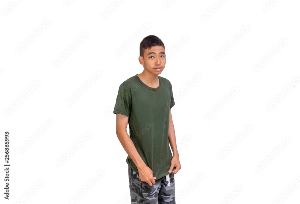 Fototapeta premium Messy Asian man in olive green t-shirt Concept of poor and problem.