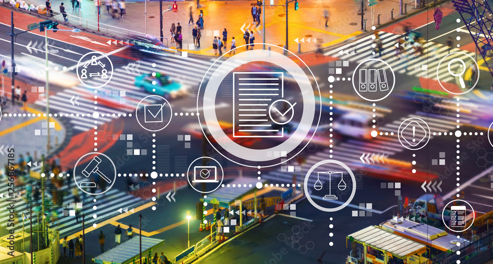 Fototapeta premium Compliance theme with busy city traffic intersection