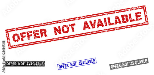 Grunge OFFER NOT AVAILABLE rectangle stamp seals isolated on a white background. Rectangular seals with grunge texture in red, blue, black and grey colors.