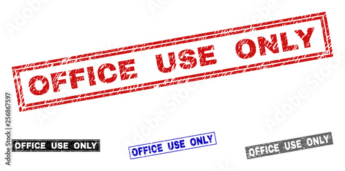 Grunge OFFICE USE ONLY rectangle stamp seals isolated on a white background. Rectangular seals with grunge texture in red, blue, black and gray colors.