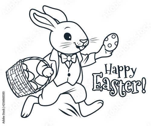 Easter bunny running with basket full of chocolate eggs coloring page vector cartoon illustration. Spring, Easter, egg hunt, children's party activity theme simple design element isolated on white.