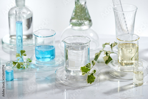 laboratory glass equipment with natural ingredients on white background