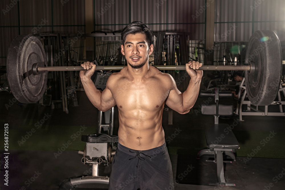 portrait of a handsome athlete at gym. man does the exercise with a barbell, standing and squatting. big confident muscular man training. motivation. muscles. - Image portrait of a handsome athlete at gym. man does the exercise with a barbell, standing and squatting. big confident muscular man training. motivation. muscles. - Image