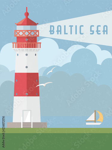 Falshöft lighthouse and Baltic Sea retro style vector illustration
