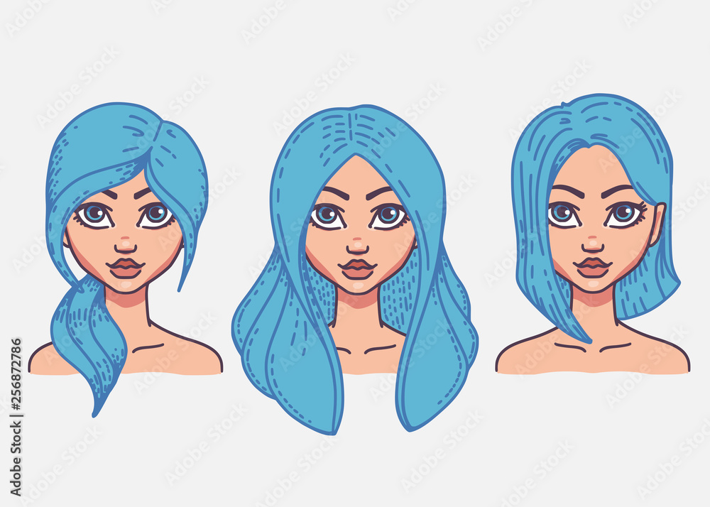 Types of female hairstyles. Vector illustration of girl's heads with  different types of haircuts. Long hair, tail and bob Stock Vector | Adobe  Stock