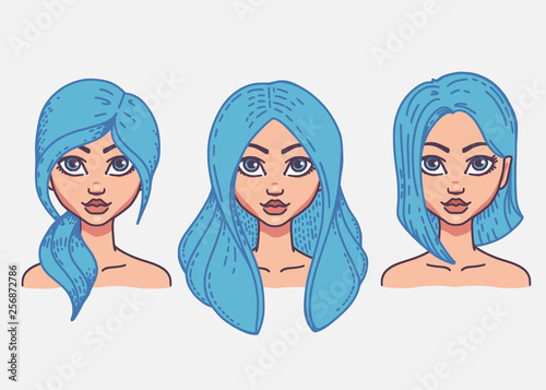 Types of female hairstyles. Vector illustration of girl's heads with different types of haircuts. Long hair, tail and bob