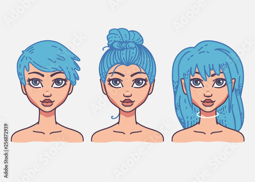 Types of female hairstyles. Vector illustration of girl's heads with different types of haircuts. Bun hairstyle, short hair and long flowing hair