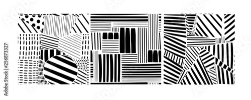 Various lines and shapes. Set of three black and white abstract seamless patterns. Hand drawn vector illustration. Every pattern is isolated