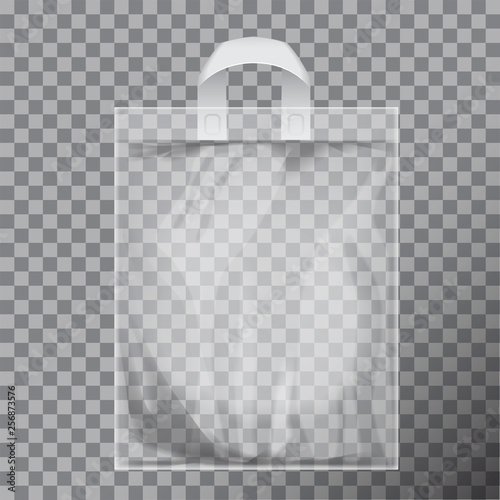 Transparent blank polyethylene bag mock up isolated. Consumer pack ready for logo design or identity presentation. Commercial product food packet handle