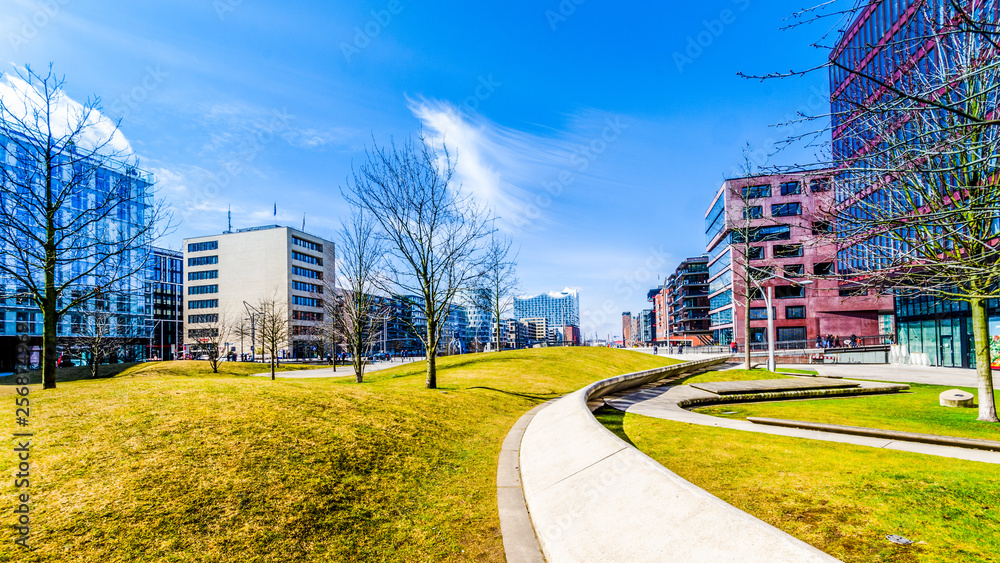 Hamburg at Sandtorpark in the harbor city with modern architecture and Elbphilharmonie in the background