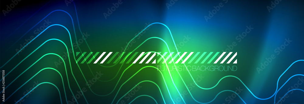 Neon glowing techno lines, hi-tech futuristic abstract background template with square shapes Neon glowing techno lines, hi-tech futuristic abstract background template with square shapes