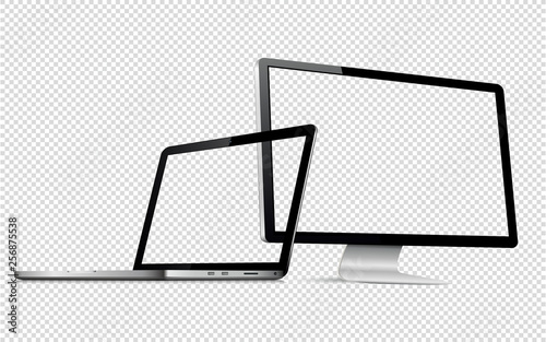 Computer display and laptop with transparent screen isolated on transparent background