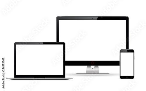 Computer display, laptop and smartphone with blank screen