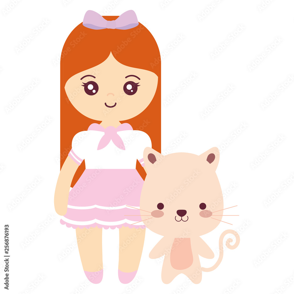 cute and little cat with girl