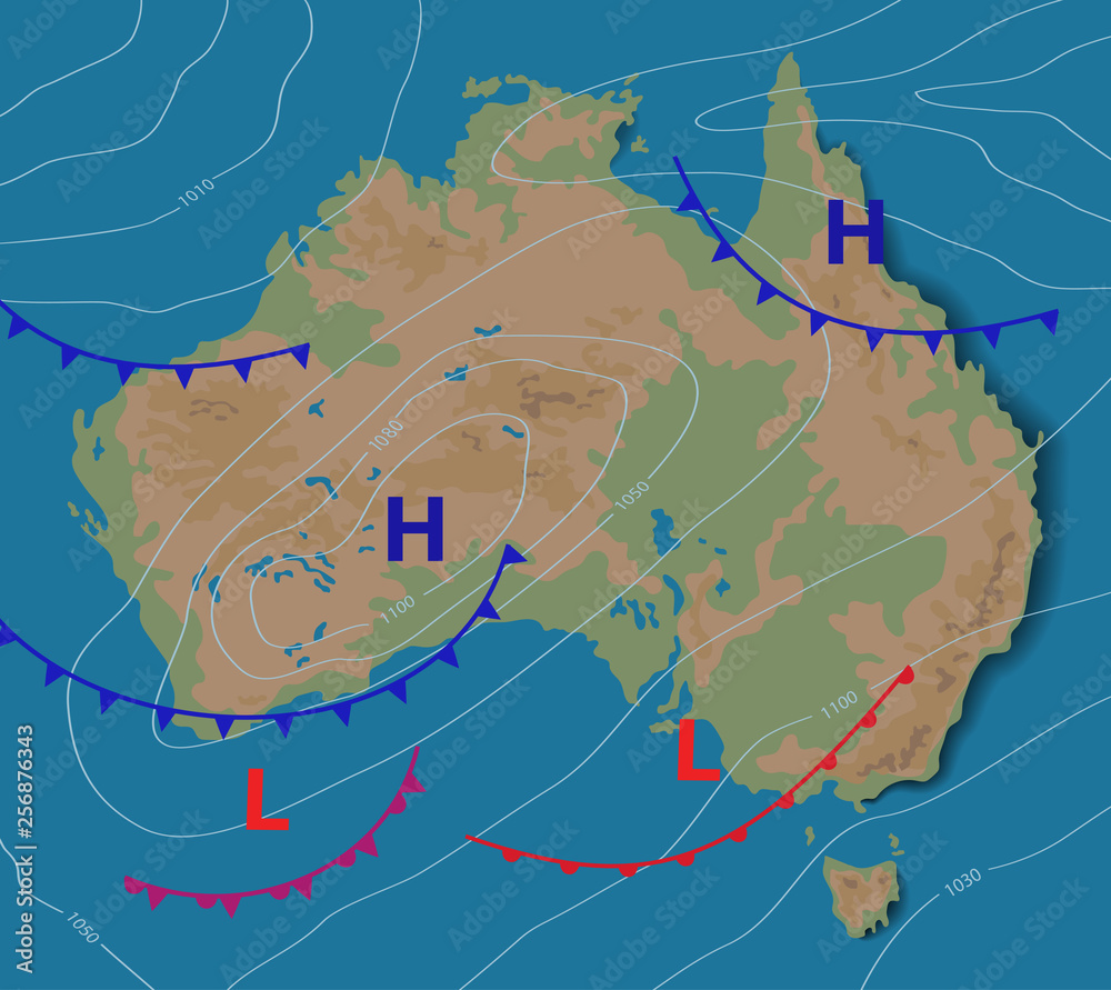 Weather forecast of Australia. Meteorological weather map of the