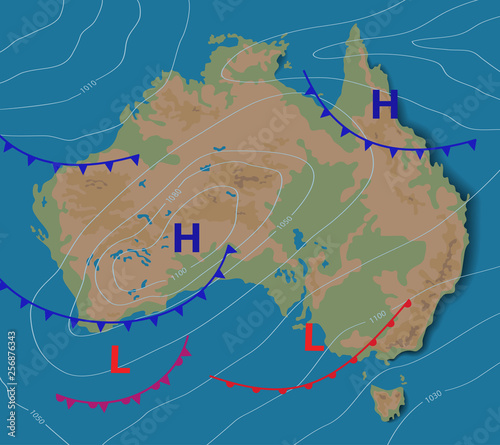 Weather forecast of Australia. Meteorological weather map of the AUSTRALIA. Realistic synoptic map with aditable generic map showing isobars and weather fronts. Topography and physical map.