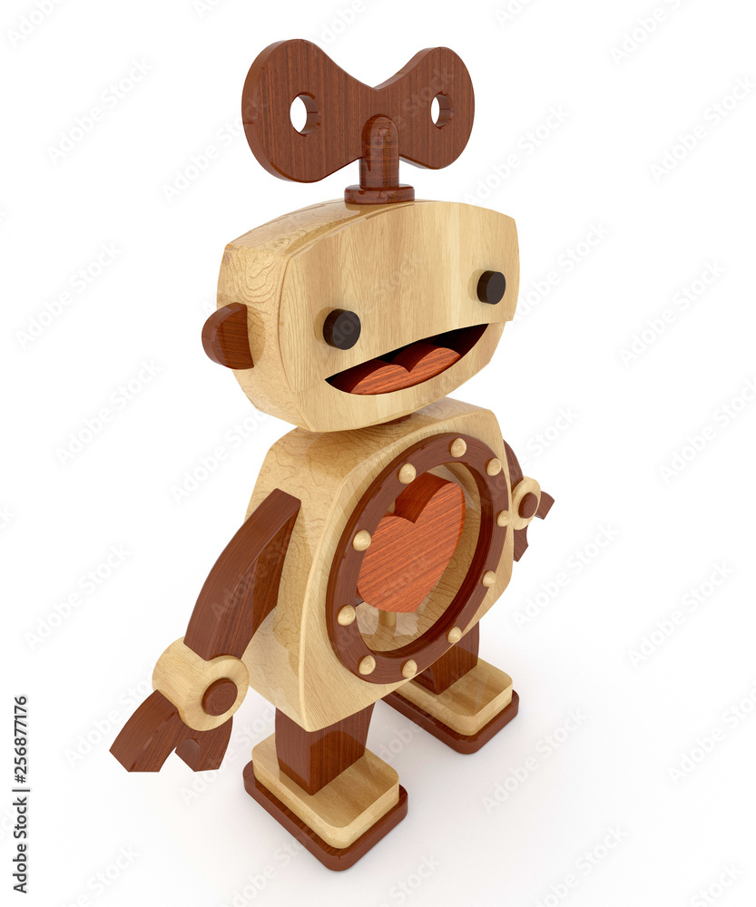 3d wooden robot toy with a clockwork key on white background isolated Stock Illustration | Adobe Stock