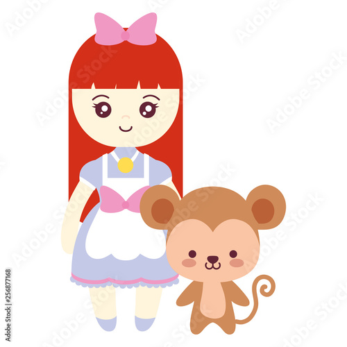 cute and little monkey with girl
