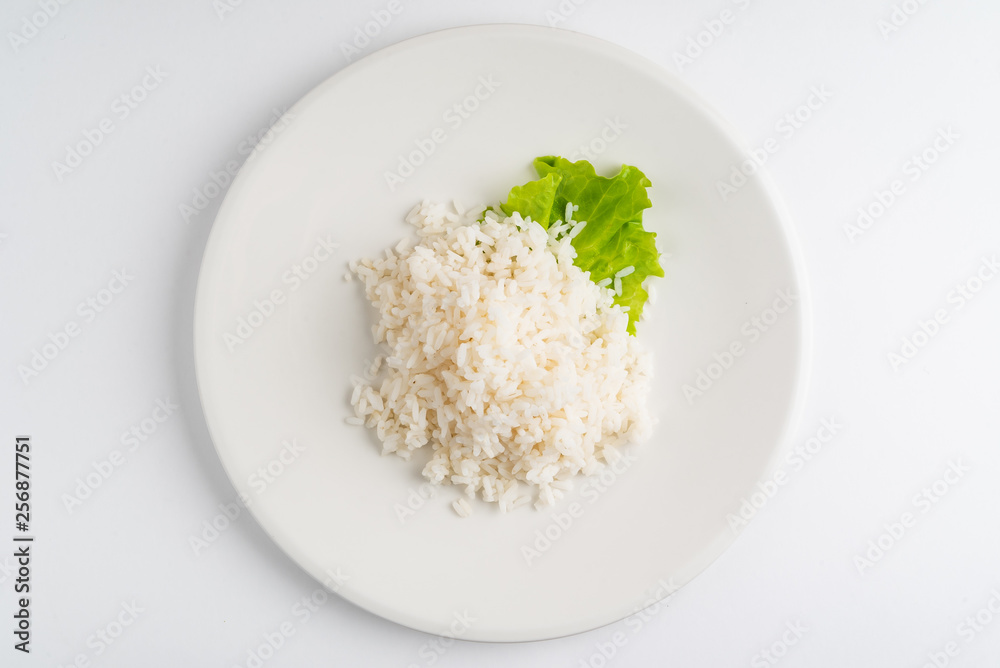 rice on the white plate, top view