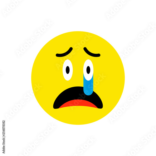 Sad crying face Emoji icon flat style. Cute Emoticon round symbol. Regret, heartbroken Face. For mobile keyboard app, messenger. Expressive cartoon avatar on white background.
