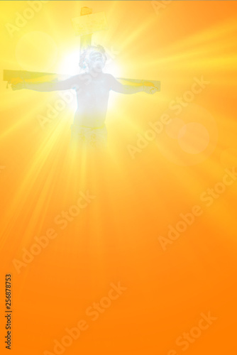 Jesus Christ in the sky at sunset with glow of divine light _ Jesus Christ in the sky