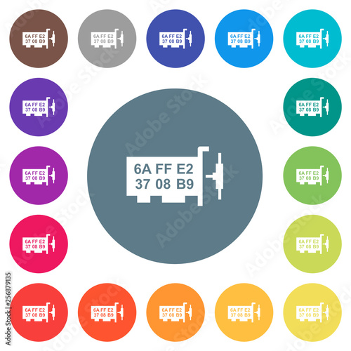 Network mac address flat white icons on round color backgrounds