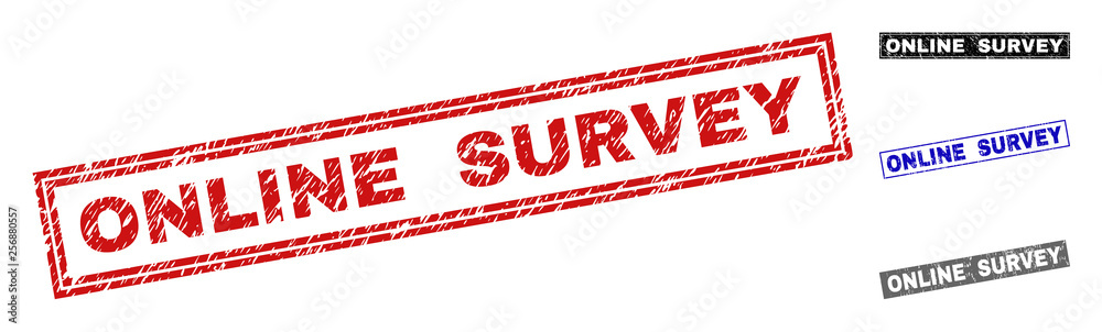 Grunge ONLINE SURVEY rectangle stamp seals isolated on a white background. Rectangular seals with grunge texture in red, blue, black and grey colors. Grunge ONLINE SURVEY rectangle stamp seals isolated on a white background. Rectangular seals with grunge texture in red, blue, black and grey colors.