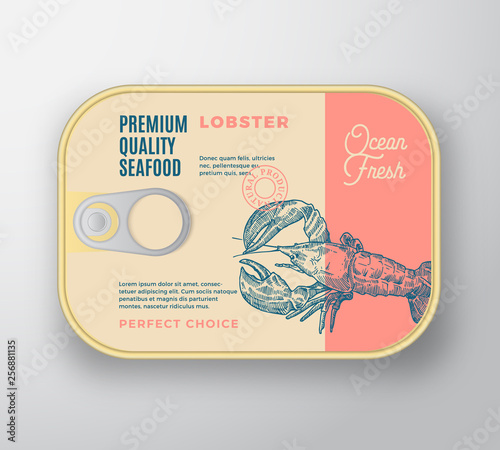 Premium Seafood Aluminium Container with Label Cover. Retro Vector Canned Packaging Design. Modern Typography and Hand Drawn Lobster Silhouette Background Layout.