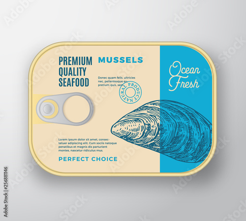 Premium Seafood Aluminium Container with Label Cover. Retro Vector Canned Packaging Design. Modern Typography and Hand Drawn Mussel Silhouette Background Layout.