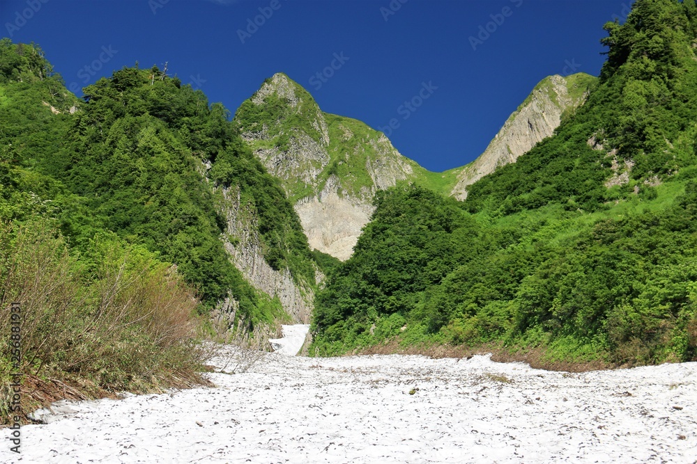 雨飾山　山頂までの道  布団菱と雪渓と青空と