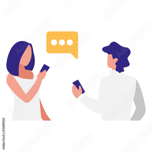 couple using smartphone with speech bubble