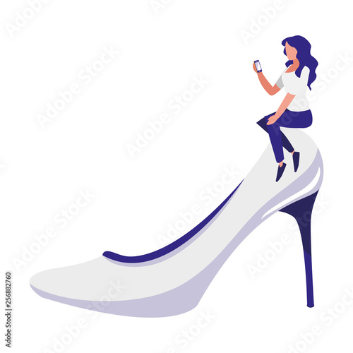 woman using smartphone with heel shoe