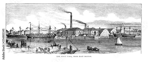 Boston city. Engraving illustration