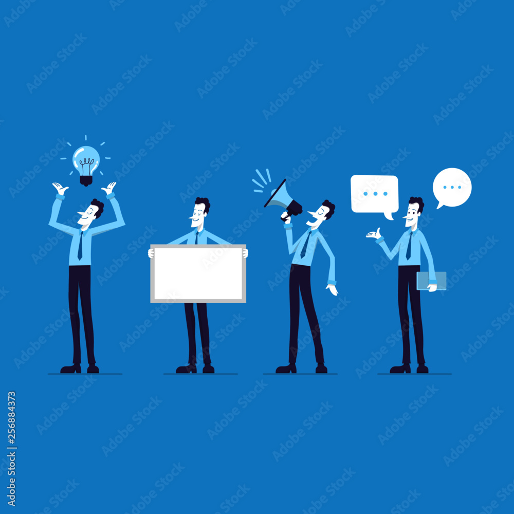 Business character in different poses and actions. Presenting idea, holding a billboard, shouting with loudspeaker. Teamwork businessman. Cartoon illustration.