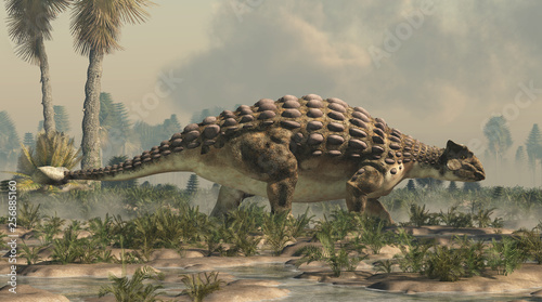 Ankylosaurus, one of the most popular dinosaurs, was a cretaceous era ornithischian herbivore.  The armored dino stands in profile in a watery lowland. 3D Rendering.  photo