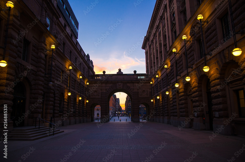Courtyard between arche of Parliament House Riksdag, Stockholm, Sweden