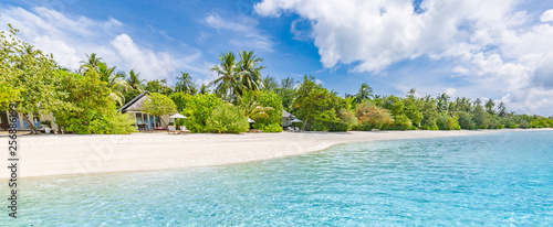 Maldives island beach panorama, tropical landscape with green palm trees and blue sea under blue sky. Exotic travel destination concept, summer vacation, beach holiday © icemanphotos