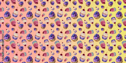 cupcakes. background. pattern. cherries, strawberries, raspberries, blueberries. watercolor