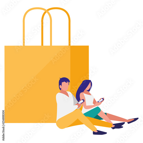 couple using smartphone with shopping bags