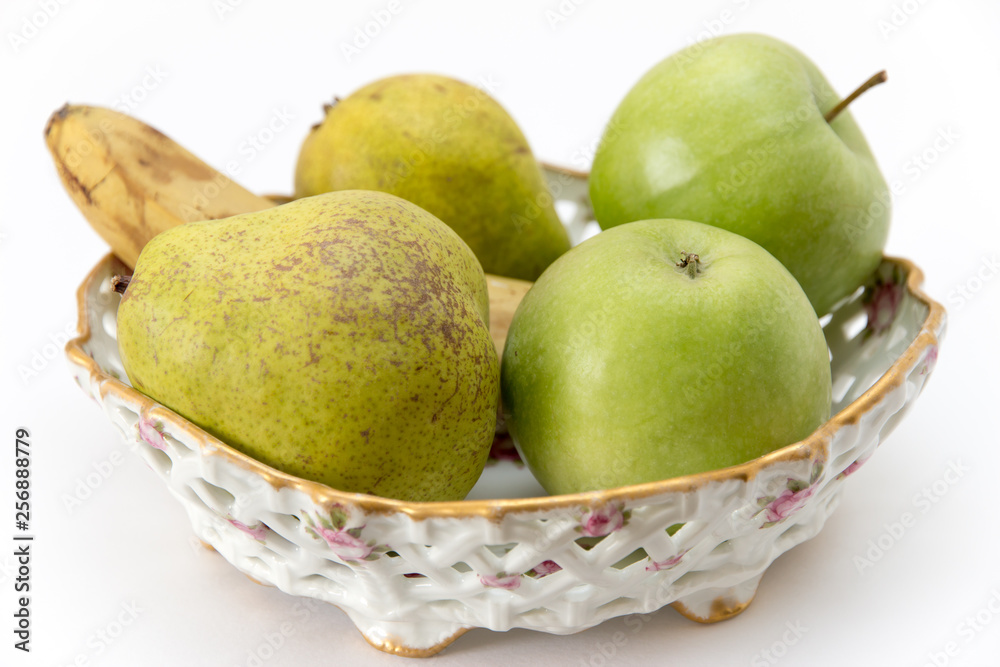 fruit on a platter: apples, pears and banana fruit on a platter: apples, pears and banana