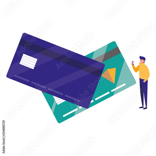 young man using smartphone with credit card