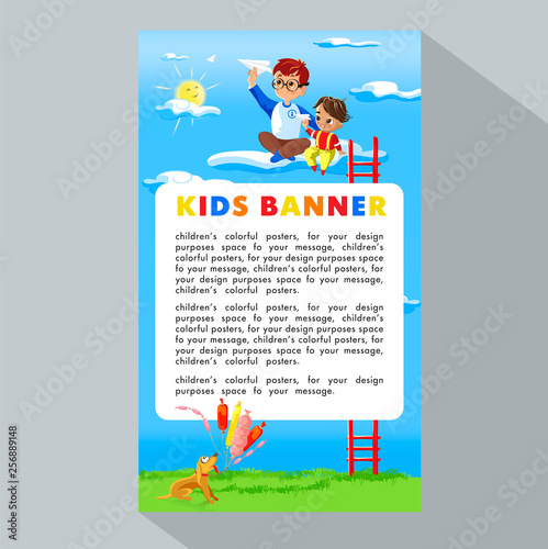 Summer Kids. Vector illustration of kids playing on clouds with a paper airplane for summer camp poster. Template for advertising brochure  your text. Ready for your message.