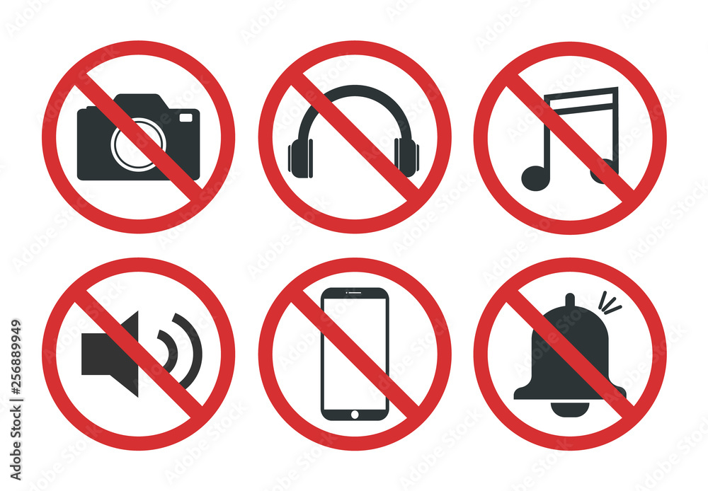 Set of prohibited signs. Do not take pictures. You can not headphones. You can not listen to music. Sound off Phone off. The call on the phone off. Set of prohibited signs. Do not take pictures. You can not headphones. You can not listen to music. Sound off Phone off. The call on the phone off.