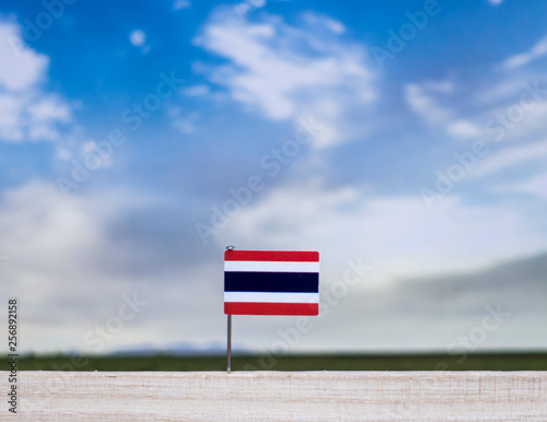Flag of Thailand with vast meadow and blue sky behind it.